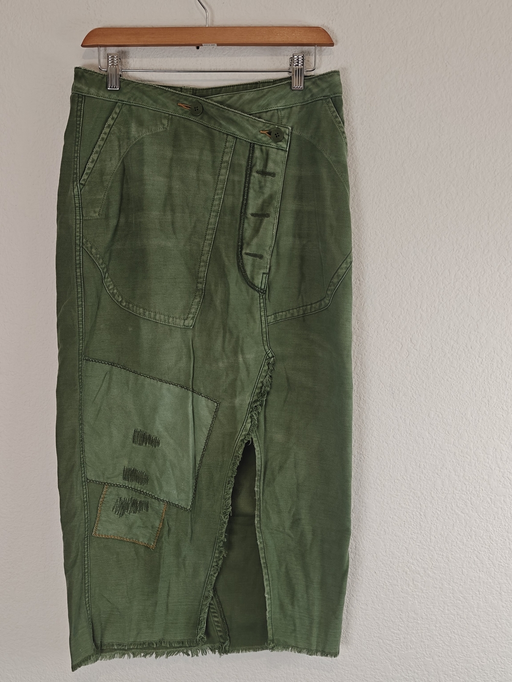 Free People Army Green Utility Wrap Midi Skirt Boho Cargo Patchwork Cotton L - Picture 2 of 11